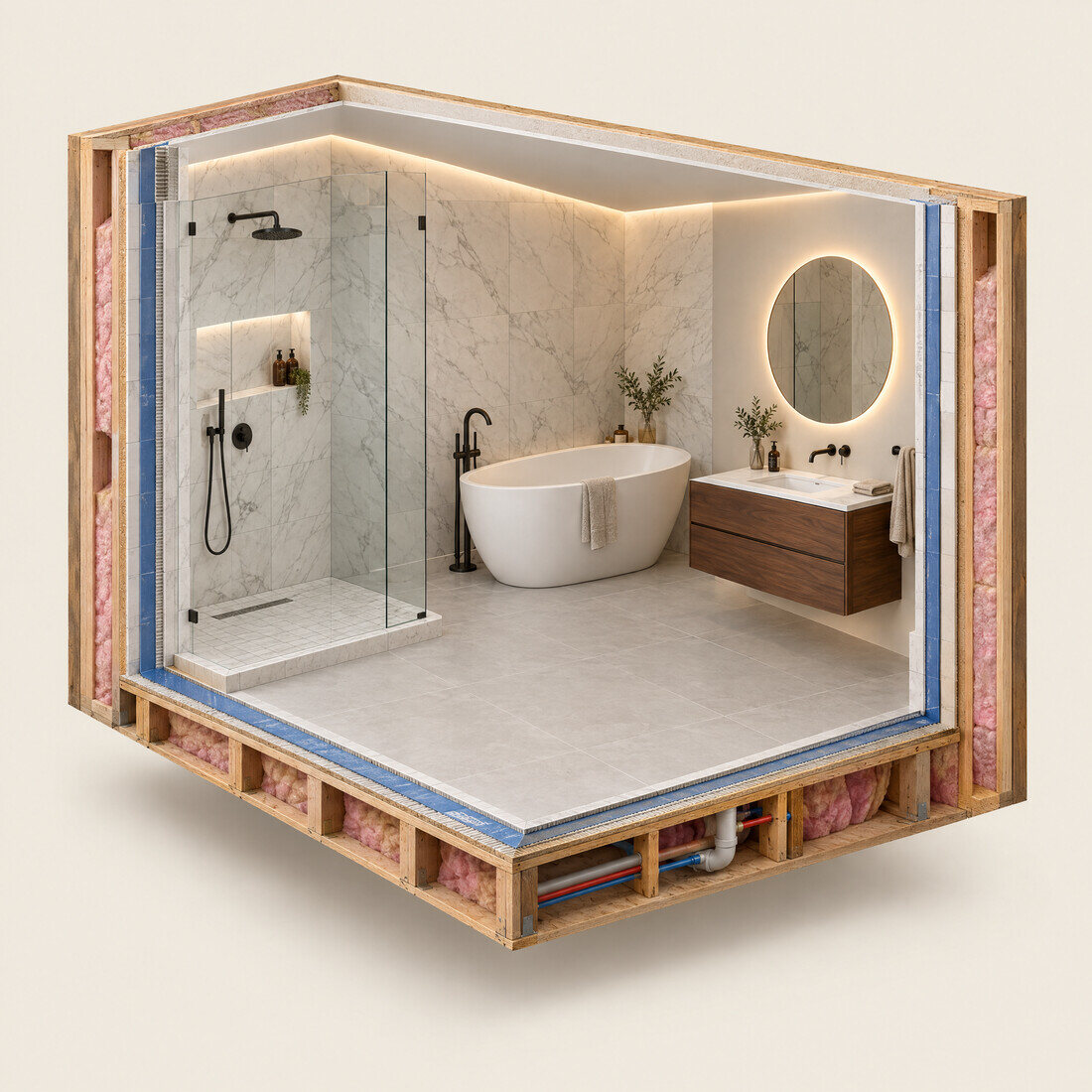 Cutaway of a bathroom under renovation